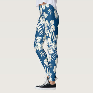 Tropical Blue and White Floral Leggings