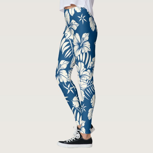 Tropical Blue and White Floral Leggings (Vänster)