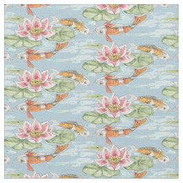 Tropical Blue Koi & Lotus Fish Pond Watercolor Tyg