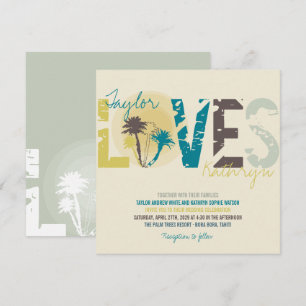 Tropical Blue Sunset Handflatan Träd Beach Wedding Inbjudningar