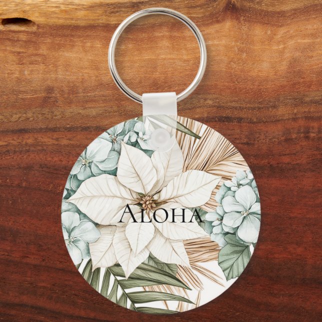 Tropical Blue White Flowers Wedding Nyckelring (Framsida)