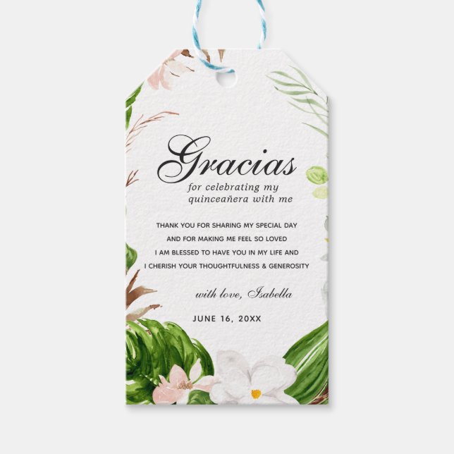 Tropical Blush Blomsterlig Quinceañera Tacksamhets Presentetikett (Framsidan)