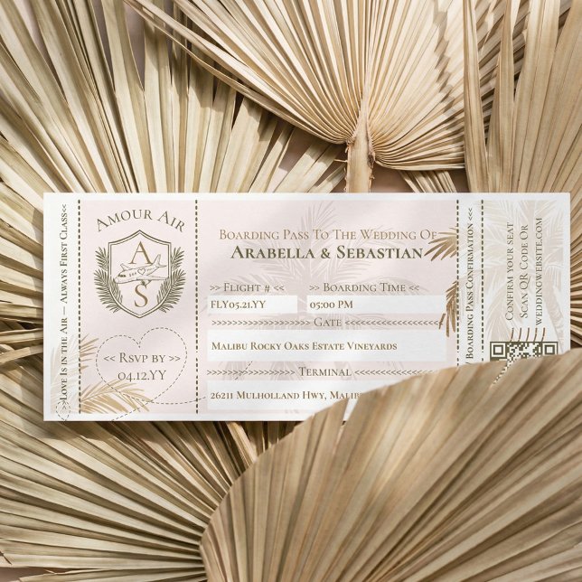 Tropical Boarding Plane Ticket Destination Wedding Inbjudningar (Tropical Boarding Plane Ticket Destination Wedding Invitation (Front))