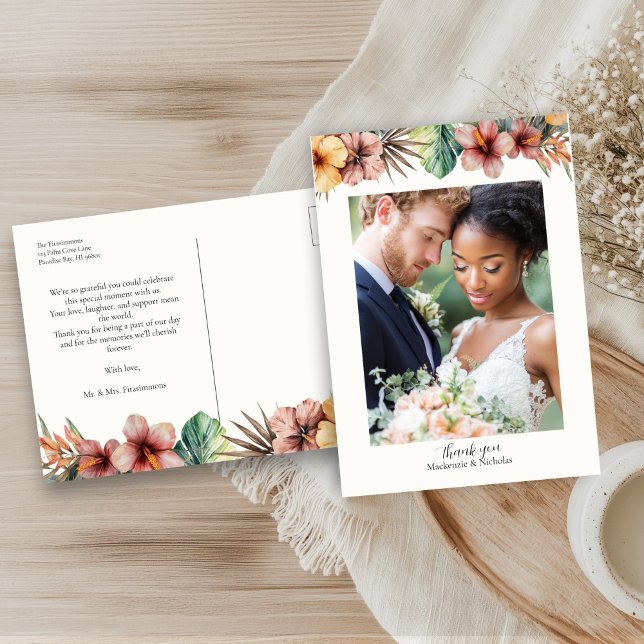 Tropical Boho Blommigt Bröllop Tack vykort (tropical wedding thank you postcard)