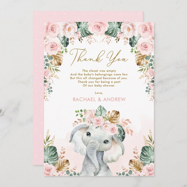 Tropical Boho Elephant  Blommigt Baby Shower Tack Kort (Fram/baksida)