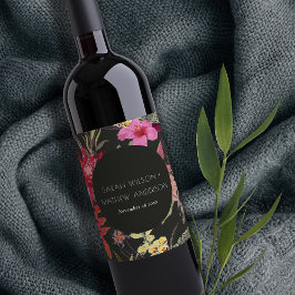 Tropical Boho Mörk Living Red Rosa Blommigt Bröllo Vinflaska Etikett