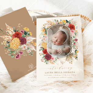 Tropical Boho Pampas Flower Birth Notice Inbjudningar