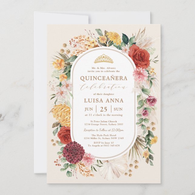 Tropical Boho Pampas Flower Quinceañera Birthday Inbjudningar (Framsida)
