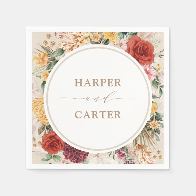 Tropical Boho Pampas Grass Flower Bröllop Pappersservett (Framsidan)