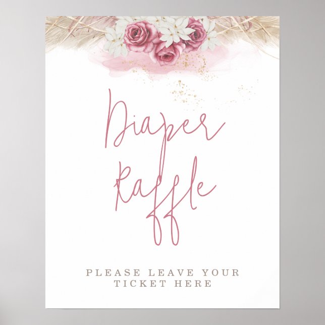 Tropical Boho Rosa ros Baby Shower Diaper Raffle Poster (Framsidan)