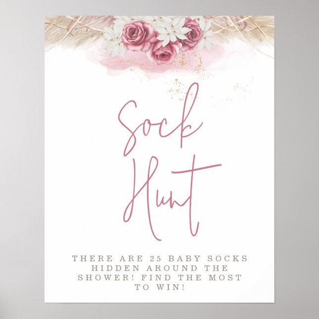 Tropical Boho Rosa ros Baby Shower Sock Hunt Poster (Framsidan)