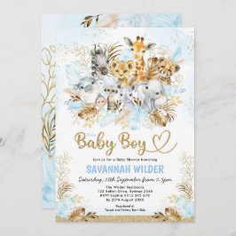 Tropical Boho Safari Pojke Blue Guld Shower Inbjudningar