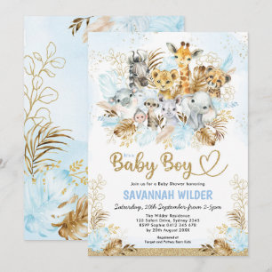Tropical Boho Safari Pojke Blue Guld Shower Inbjudningar
