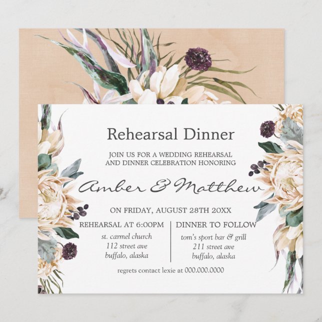 Tropical Boho White Protea Rehearsal Dinner Invita Inbjudningar (Fram/baksida)