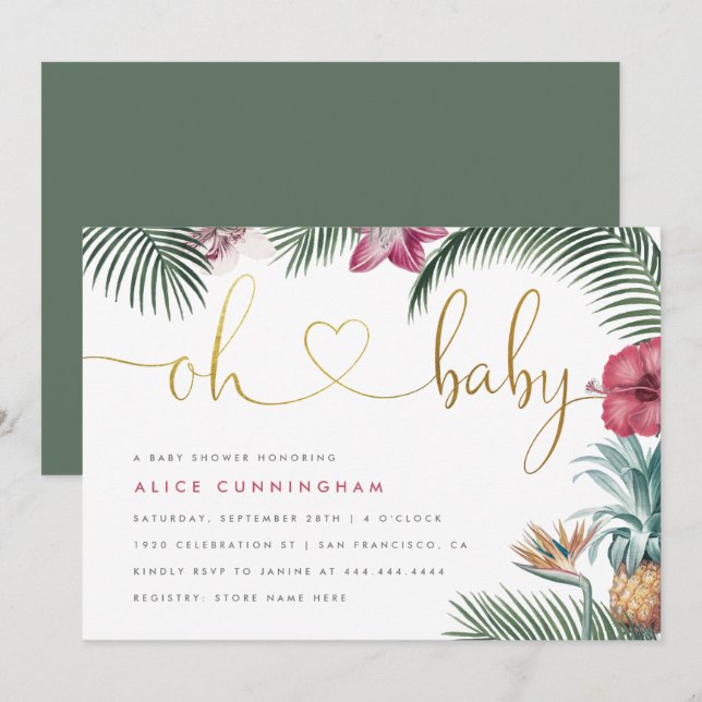 Tropical Botanical Oh Baby Guld Script Baby Shower Inbjudningar (Fram/baksida)