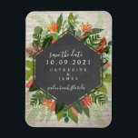 Tropical Botanical White Brick Bröllop Magnet<br><div class="desc">En bröllop spara datum-magnet med en tropisk botanisk design med en schalkboard-geometrisk design över en vit tegelbakgrund.</div>