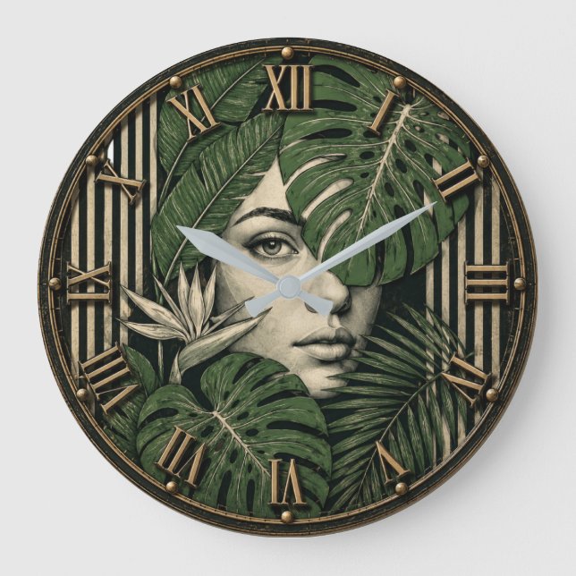 Tropical Botanical Woman Jungle Monstera Leaf  Stor Klocka (Framsida)