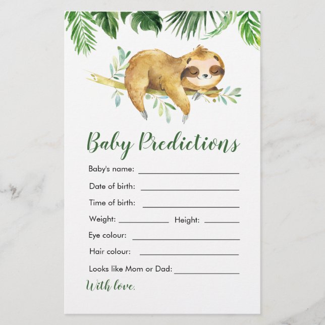 Tropical Boy Sloth Baby Shower Baby Predictions (Framsida)