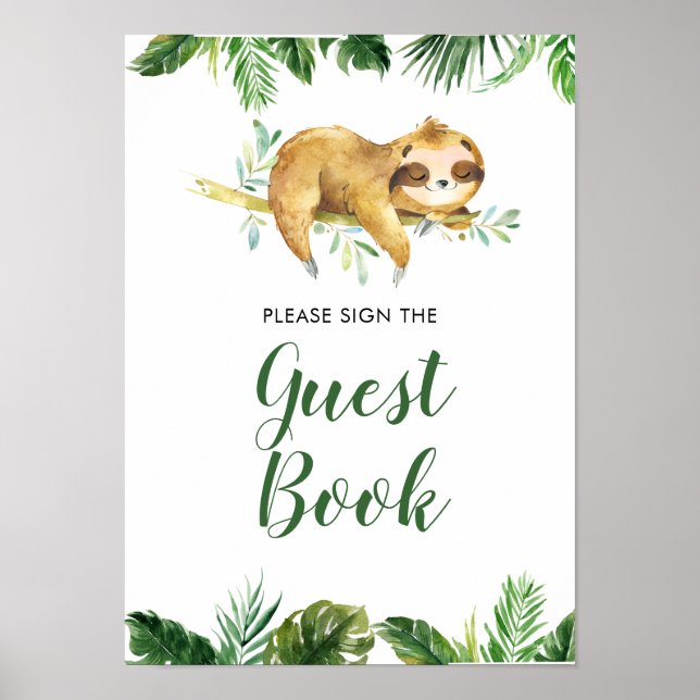 Tropical Boy Sloth Baby Shower Guest Bok Poster (Framsidan)