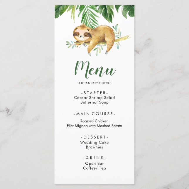 Tropical Boy Sloth Baby Shower Menu Meny (Framsida)