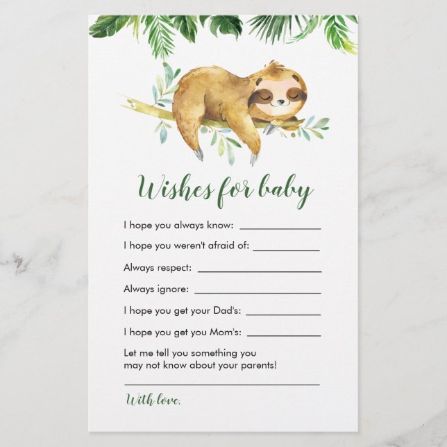 Tropical Boy Sloth Baby Shower Önskemål för baby (Framsida)