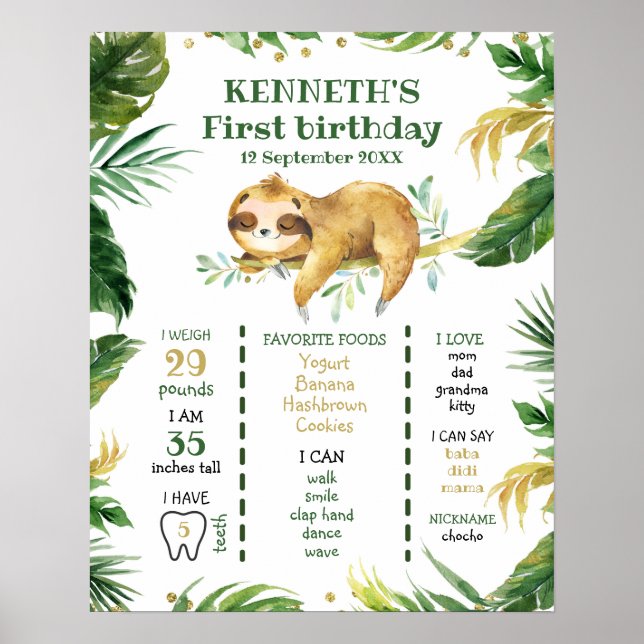 Tropical Boy Sloth Första födelsedag Poster (Framsidan)