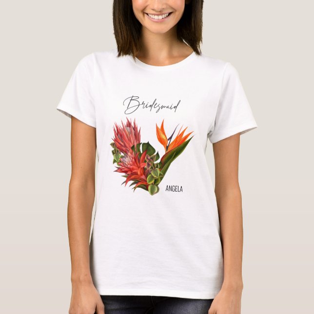 Tropical Breeze Bridesmaid Script Blommigt Bröllop T Shirt (Framsida)
