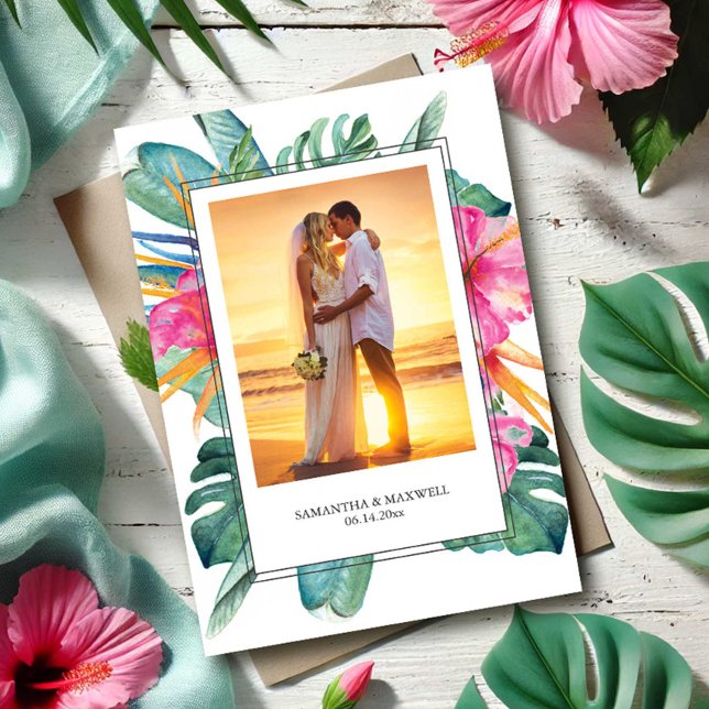 Tropical Bride and Groom Bröllop Tack (Wedding thank you cards tropical destination with template for bride and groom photo and custom text)