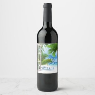 Tropical Bröllop Beach Scene Beverage Label Vinflaska Etikett
