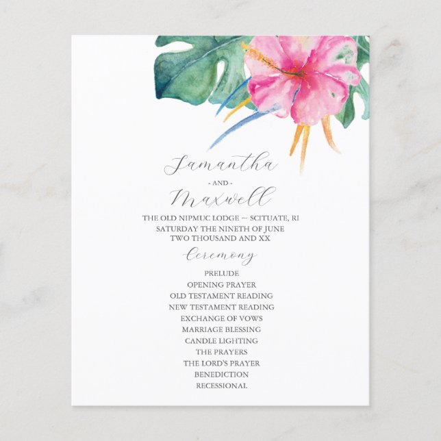 Tropical Bröllop Ceremony Programs Rosa Flowers (Framsida)