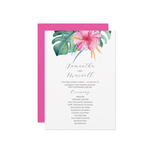 Tropical Bröllop Ceremony Programs Rosa Flowers Program (Fram/Back In Situ)