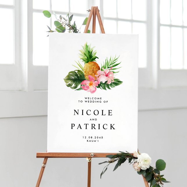 Tropical bröllop med akvarell ananas och grönska poster (Customizable tropical wedding welcome sign featuring watercolor pineapple, greenery and flower.)