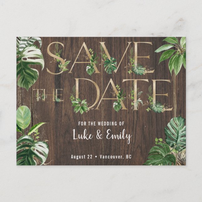 Tropical Bröllop Wood & Rustic Save the Date Vykort (Framsida)