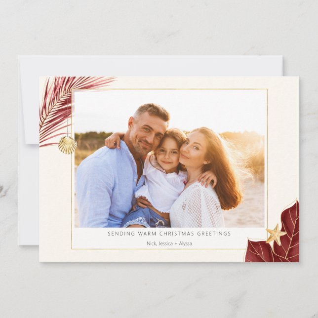 Tropical Burgundy och Guld Greenery Photo Julkort (Framsida)