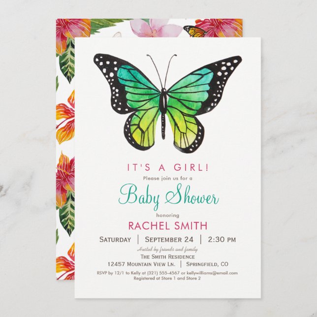 Tropical Butterfly Girl Baby Shower-inbjudan Inbjudningar (Fram/baksida)