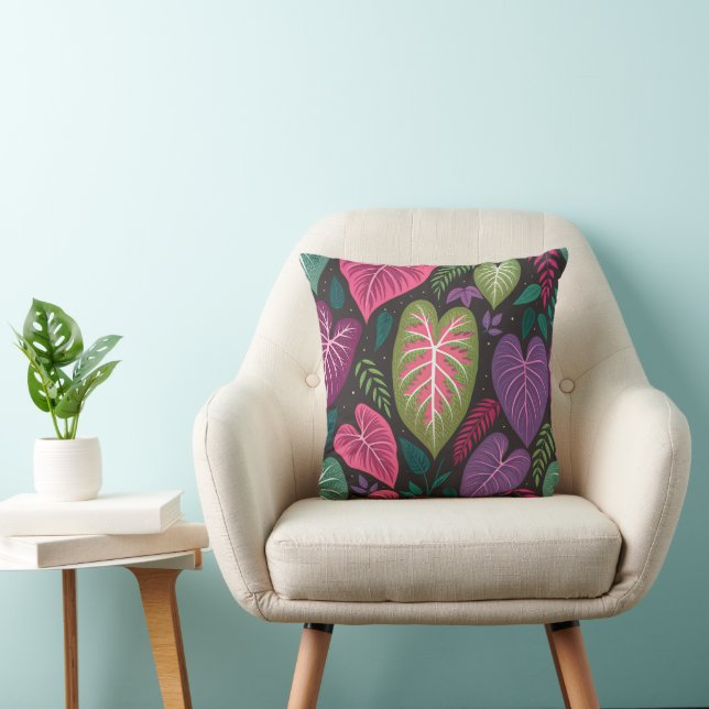 Tropical Caladium Leaves Pattern Pillow – Deep Pur Kudde (Stol)