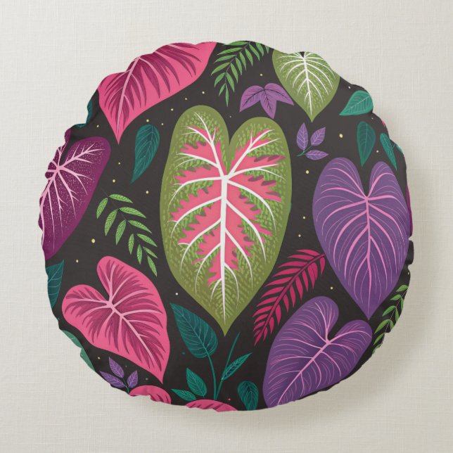 Tropical Caladium Round Pillow – Purple & Green Bo Rund Kudde (Framsidan)