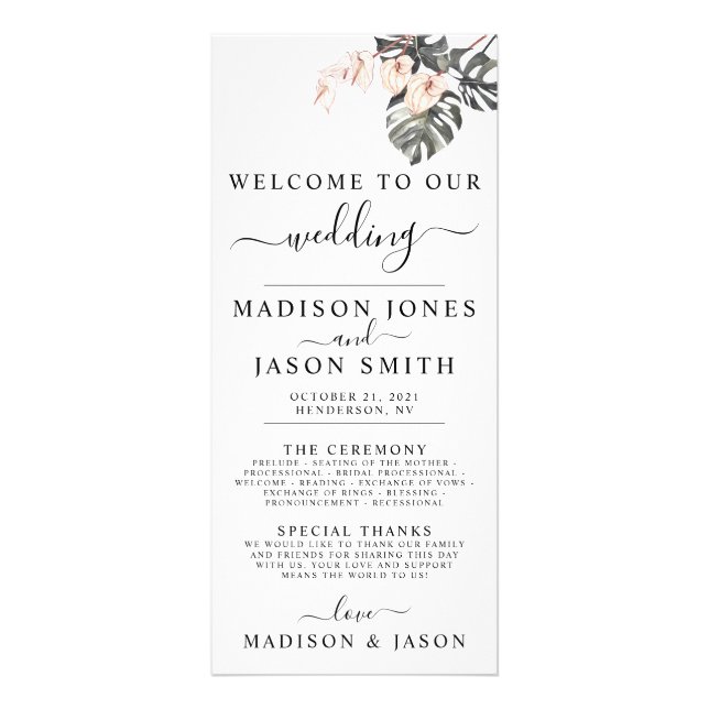 Tropical Calla Lily Minimalist Bröllopsprogram Reklamkort (Framsidan)