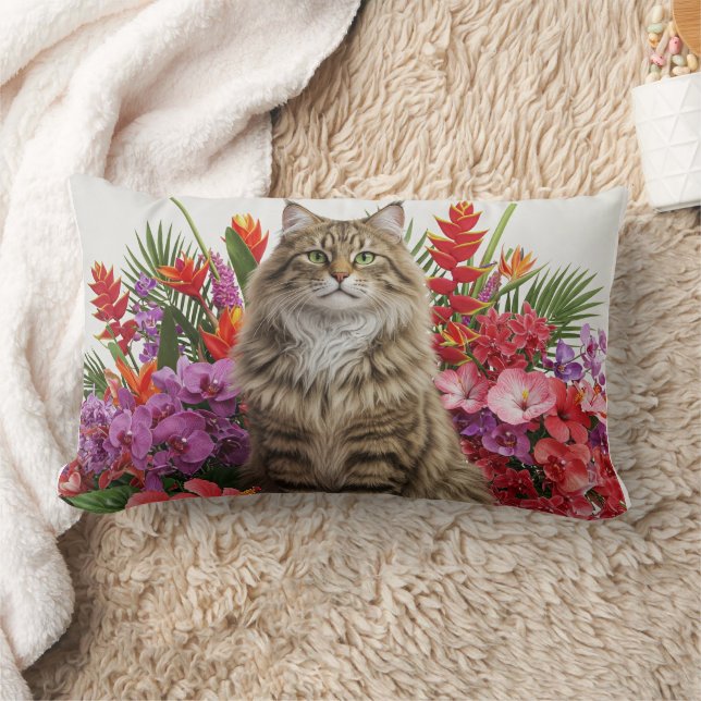 Tropical Cat Art Lumbar Pillow Design. Lumbarkudde (Filt)