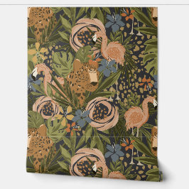 Tropical Cheetah och Flamingo Blommigt Tapet