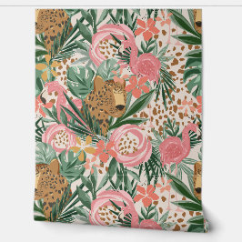 Tropical Cheetah och Flamingo Blommigt Tapet