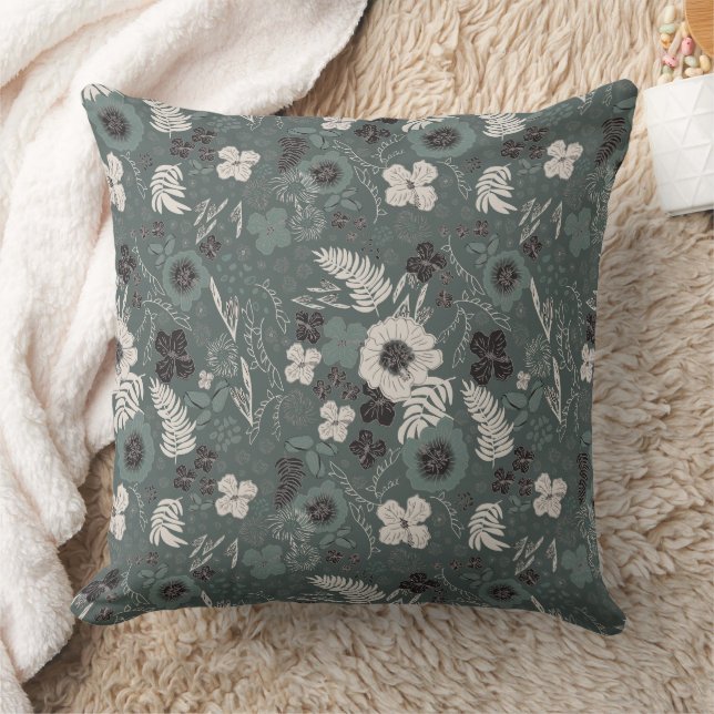 Tropical Christmas Farmhouse Green White Floral Kudde (Filt)
