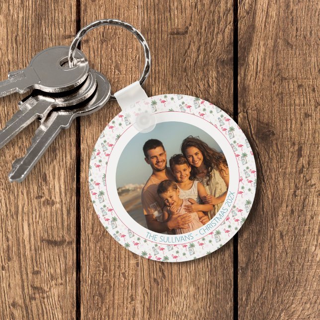Tropical Christmas Pink Flamingo Family Photo Nyckelring (Pink flamingo pattern family photo keychain)