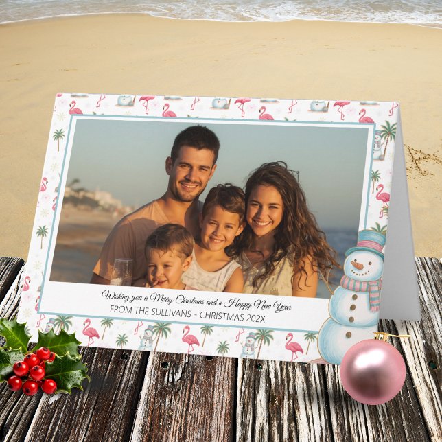 Tropical Christmas Pink Flamingo & Palm Tree Photo Helgkort (Pink Flamingo Tropical Christmas Holiday Photo Card with White background)