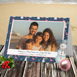 Tropical Christmas Pink Flamingo & Palm Tree Photo Helgkort
