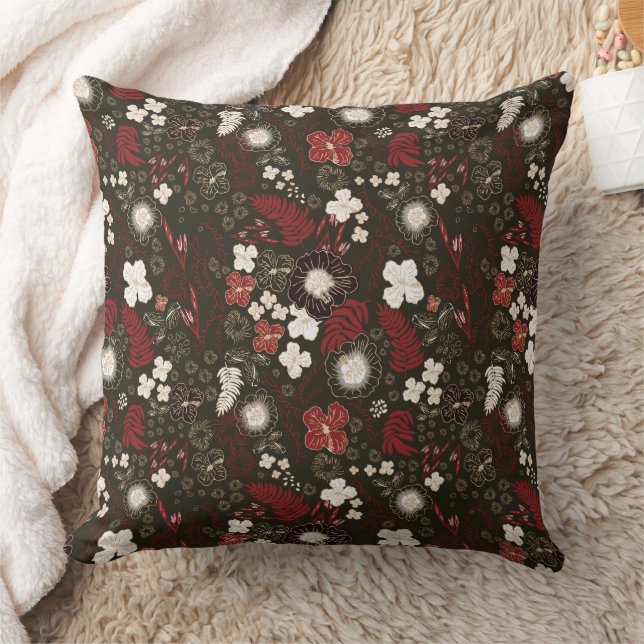 Tropical Christmas Red Sage Black Hibiscus Floral Kudde (Filt)