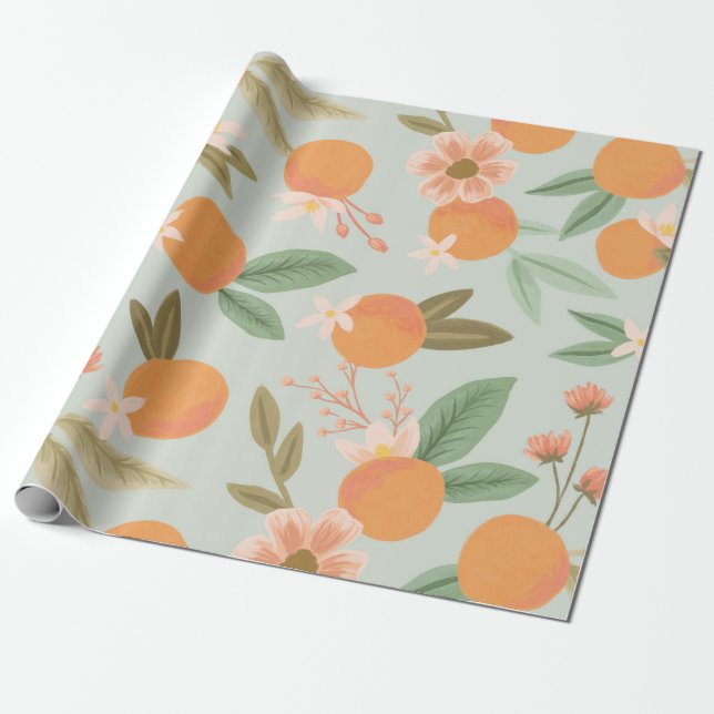 Tropical Citrus Blommigt Mint Grönt Presentpapper (Utrullad)
