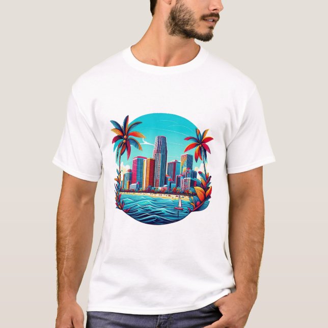 Tropical Cityscape Oasis T Shirt (Framsida)