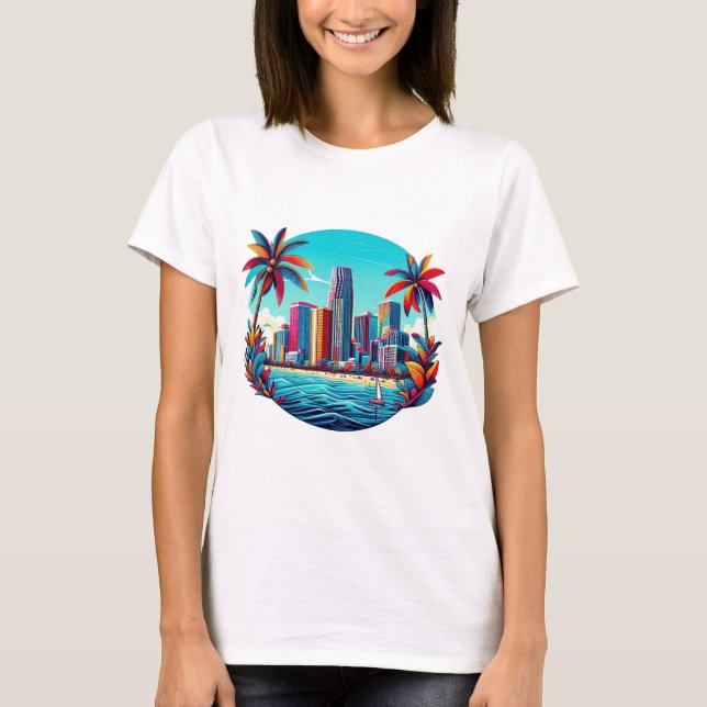 Tropical Cityscape Oasis T Shirt (Framsida)