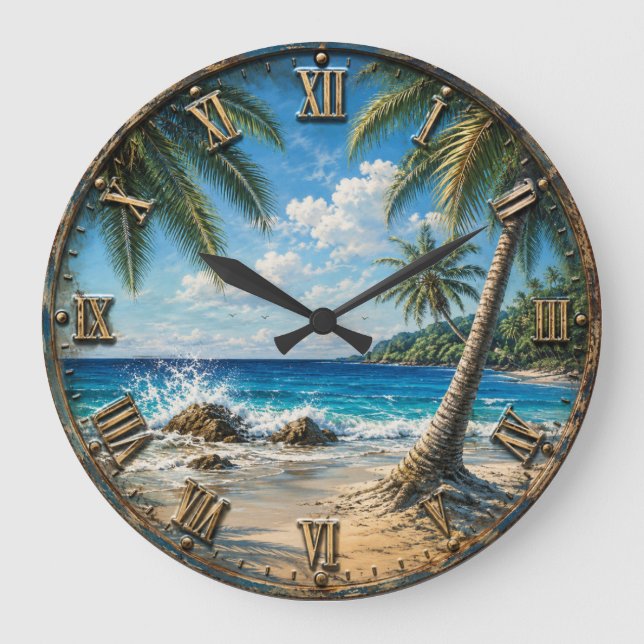 Tropical Coastal Ocean palm Tree Beach Stor Klocka (Framsida)